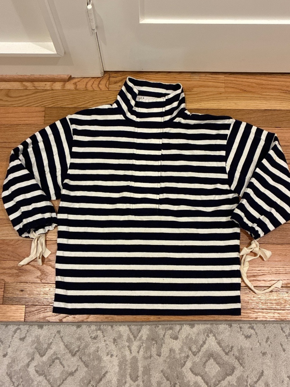 J. Crew Navy and White Striped Funnel Neck Pullover With Snap Buttons